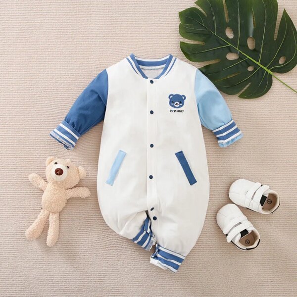 0-18m Baby Jumpsuit Cute Baseball Suit Teddy Bear Embroidered Cotton Soft Spring And Autumn Long Sleeved Newborn Clothes