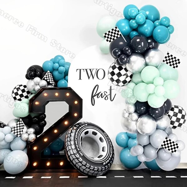 126Pcs Race Car Theme Balloon Garland Two Fast Birthday Decorations Ocean Blue Green Black Checkered Flag Balloon Party Supplies