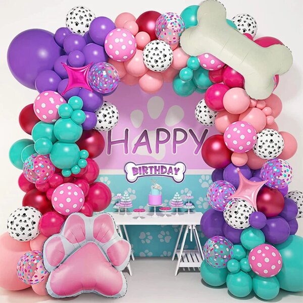 126pc Dog Animals Paw Pink Balloon Garland Arch Baby Shower First 5th Birthday Girl Ballons Party Decoration Anniversaire Globos