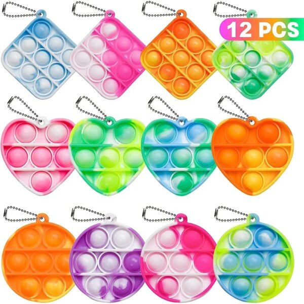 12PCS Fidget Sensory Toys Party Favors Bubble Bulk Pop Keychain 3Shape Stress Relief Fidget Classroom Prizes Toy Kids Boys Girls