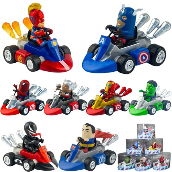 12cm Anime Marvel Spiderman Pull Back Car Captain America Iron Man Spider-Man Hulk Figure Toys PVC model Doll Kid Birthday Gifts