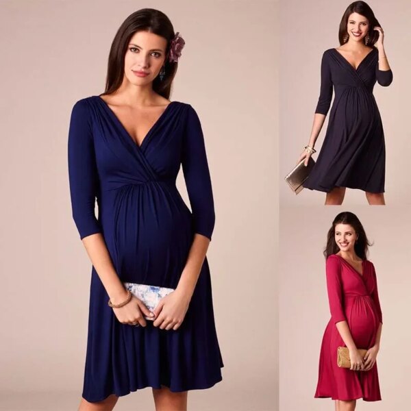 2024 Comfy Pregnant Women Nursing Cotton Evening Gown Mother Breastfeeding Clothes High Waist Fold Maternity Dress