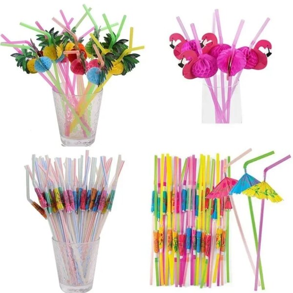 25/50pcs Flamingo Drinking Straws Tropical Umbrellas Pineapple Juice Cocktail Disposable Juice Straws Hawaii Party Decoration