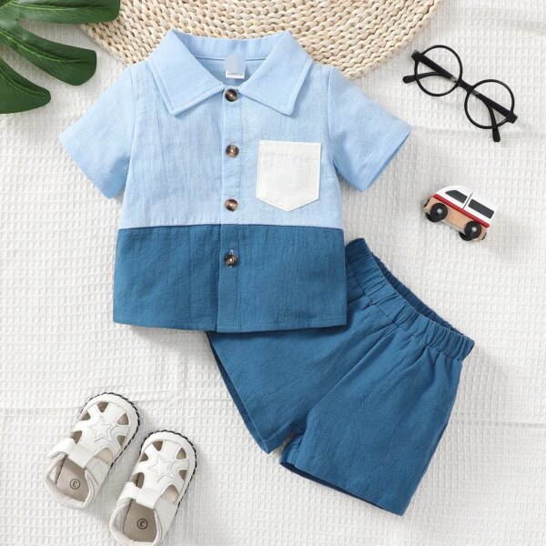 2PCS Baby Boy Clothes Set Color Block Short Sleeves Shirt+Shorts Cool Boy Summer Clothes Suit for Toddler Boy 0-3 Years