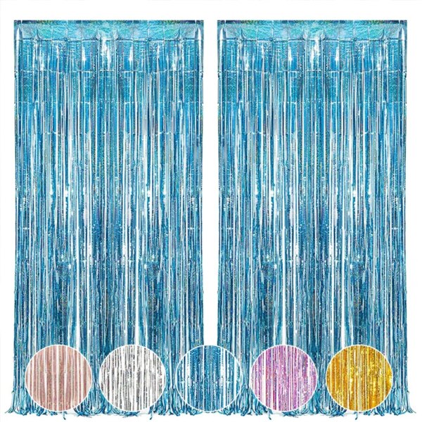 2Pack 2X1M Blue Laser Metallic Foil Tinsel Fringe Curtain Backdrop Birthday Wedding Bachelorette Party Decoration Adult Kids