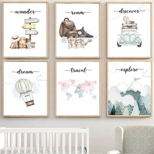 Nordic Print Explore Adventure Nursery Art Painting Child Poster Kids Room Decoration Picture Mural Mother Baby Room Decor